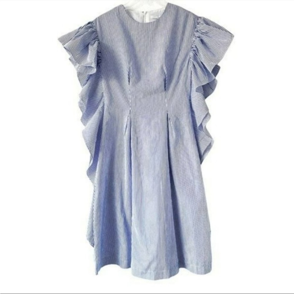 English Factory Sheath Dress with Ruffles Blue and White New Mini Knee Length